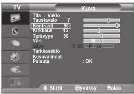TV Kuva Tila : Vakio Taustavalo 7 Kontrasti 95 Kirkkaus 45 Terävyys 50 Väri 80 Sävy V 50 P 50 Tarkkasääö Kuvavalinnat : OK Palauta : OK Slirrä Byväksy Balaa