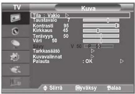 TV Kuva Tila : Vakio Taustavalo 7 Kontrasti 95 Kirkkaus 45 Terävyys 50 Värä 50 Sävy V 50 P 50 Tarkkasääö Kuvavalinnat Palauta : OK Slirrä Byväksy Palaa