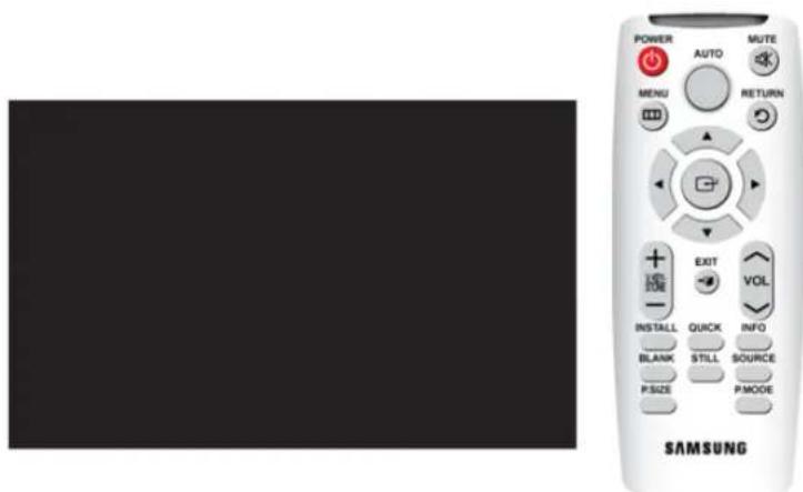 POWER AUTO MUTE MENU RETURN + EXIT VOL INSTALL QUICK INFO BLANK STILL SOURCE P-SIZE P-MODE SAMSUNG