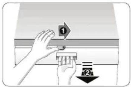 Diagram showing hand positioning a component with numbered arrows and labels ① and ②, likely illustrating a mechanical or electrical setup.