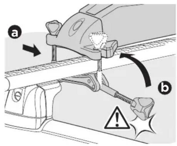 Diagram illustrating vehicle safety instructions with labeled parts (a) and (b), showing mechanical components and warning symbols.