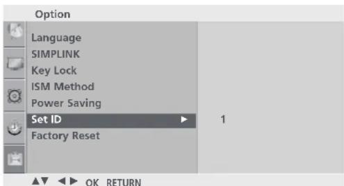 Option Language SIMPLINK Key Lock ISM Method Power Saving Set ID Factory Reset 1 OK RETURN