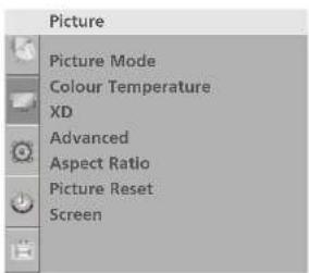 Picture Picture Mode Colour Temperature XD Advanced Aspect Ratio Picture Reset Screen