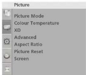 Picture Picture Mode Colour Temperature XD Advanced Aspect Ratio Picture Reset Screen