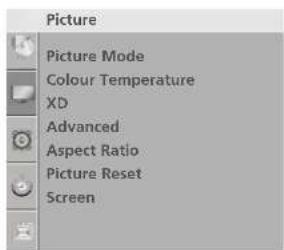 Picture Picture Mode Colour Temperature XD Advanced Aspect Ratio Picture Reset Screen