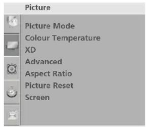 Picture Picture Mode Colour Temperature XD Advanced Aspect Ratio Picture Reset Screen