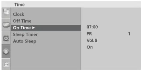 Time Clock Off Time On Time ▶ Sleep Timer Auto Sleep 07:00 PR 1 Vol. 8 On