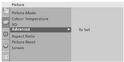 Picture Picture Mode Colour Temperature XD Advanced Aspect Ratio Picture Reset Screen To Set