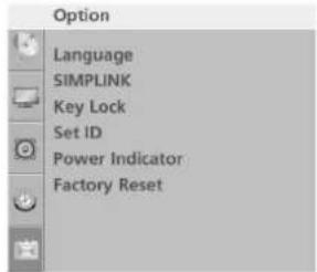Option Language SIMPLINK Key Lock Set ID Power Indicator Factory Reset
