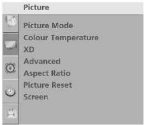 Picture Picture Mode Colour Temperature XD Advanced Aspect Ratio Picture Reset Screen