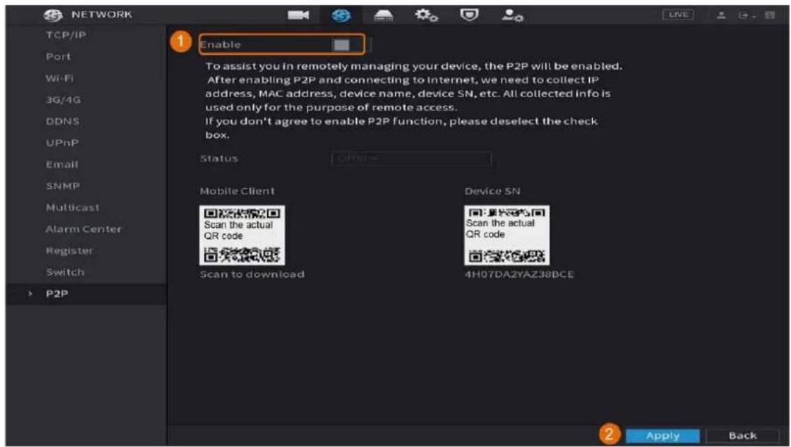 NETWORK TCP/IP Port Wi-Fi 3G/4G DDNS UPnP Email SNMP Multicast Alarm Center Register Switch P2P Enable To assist you in remotely managing your device, the P2P will be enabled. After enabling P2P and connecting to Internet, we need to collect IP address, MAC address, device name, device SN, etc. All…