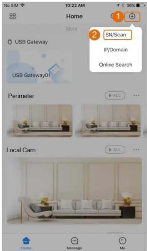 No SIM 10:22 AM Home 1 More USB Gateway USB Gateway01 SN/Scan IP/Domain Online Search Perimeter ALL Local Cam ALL