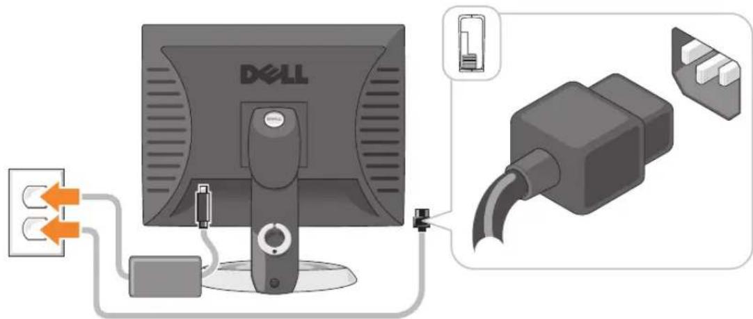 Diagram showing connection between a Dell monitor and a plug, with labeled ports and cable connections