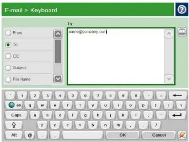 E-mail > Keyboard To: name@company.com From To CC Subject File Name 1 2 3 4 5 6 7 8 9 0 - = ← en q w e r i y u i o p [ ] \ Caps a s d l g h j k l . / z x c v b n m , / Alt @ - OK Cancel