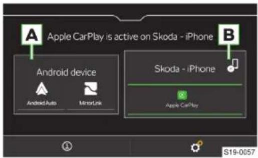 Apple CarPlay is active on Skoda - iPhone Android device Android Auto MirrorLink Skoda - iPhone Apple CarPlay S19-0057