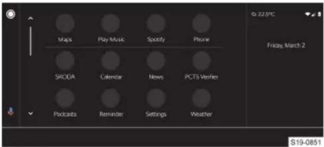 Maps Play Music Spotify Phone SKODA Calendar News PCTS Verifier Podcasts Reminder Settings Weather S19-0651 Friday, March 2 © 22.5PC