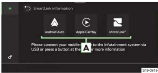 SmartLink information Android Auto Apple CarPlay MirrorLink® Please connect your mobile phone to the infotainment system via USB or press a button at the other more information S19-0919