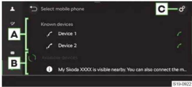 Select mobile phone Known devices Device 1 Device 2 Available devices My Skoda XXXX is visible nearby. You can also connect the m...
