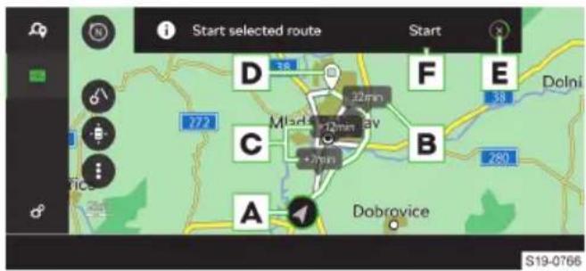 Start selected route Start D 38 F E 32min 38 Milad 12min C +7min B 280 A Dobrovice S19-0766