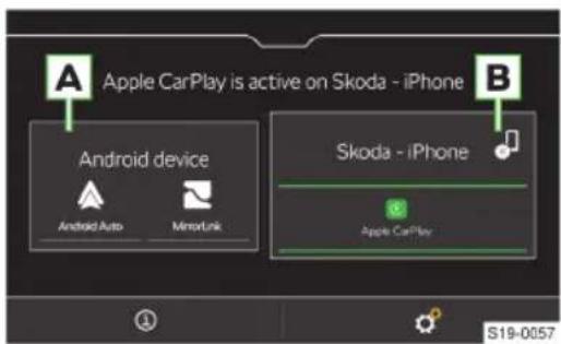 Apple CarPlay is active on Skoda - iPhone A B Android device Skoda - iPhone Android Auto MirrorLink Apple CarPlay S19-0057