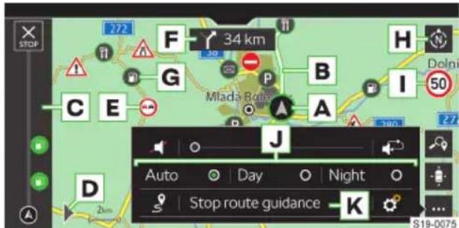 STOP 272 F 34 km G P B H Dolni C E Mlada Bois A I 50 J Auto Day Night Stop route guidance K S19-0075