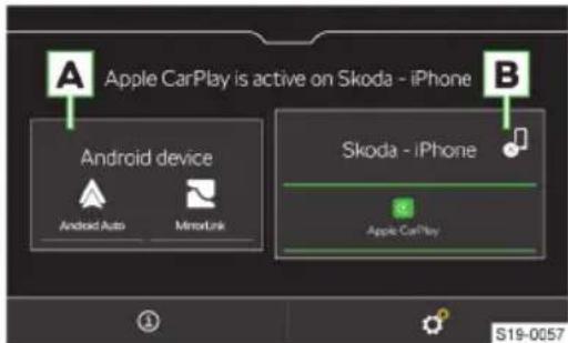 Apple CarPlay is active on Skoda - iPhone Android device Android Auto MirrorLink Skoda - iPhone Apple CarPlay S19-0057