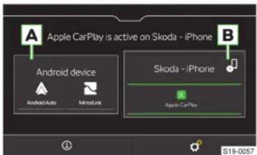 Apple CarPlay is active on Skoda - iPhone Android device Android Auto MirrorLink Skoda - iPhone Apple CarPlay S19-0057