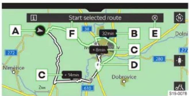 Start selected route A F 38 32min B E Dolni 272 Nimérice C + 8min Dobrovice 280 610 2km S19-0078