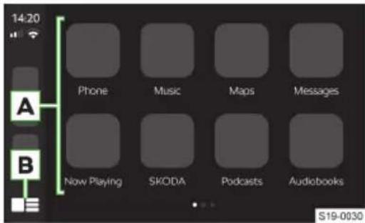 14:20 Phone Music Maps Messages A B Now Playing SKODA Podcasts Audiobooks S19-0030