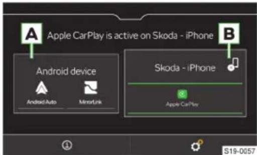 Apple CarPlay is active on Skoda - iPhone Android device Android Auto MinerLink Skoda - iPhone Apple CarPlay S19-0057