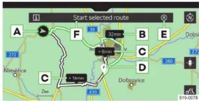 Start selected route A F 38 32min B E Dolni 272 Nimérice C + 14min 2km 610 Dobrovice 280 S19-0078
