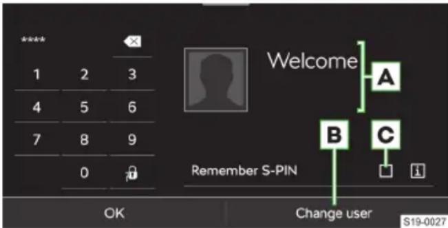 **** 1 2 3 4 5 6 7 8 9 0 Welcome A B C Remember S-PIN OK Change user S19-0027