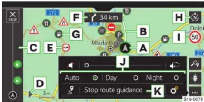 STOP 272 F 34 km H G B Dolni C E P Mlada Ro#e I 50 A J Auto Day Night Stop route guidance K S19-0075