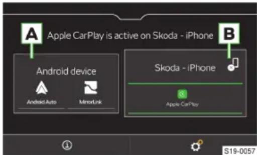 Apple CarPlay is active on Skoda - iPhone Android device Android Auto MirrorLink Skoda - iPhone Apple CarPlay S19-0057