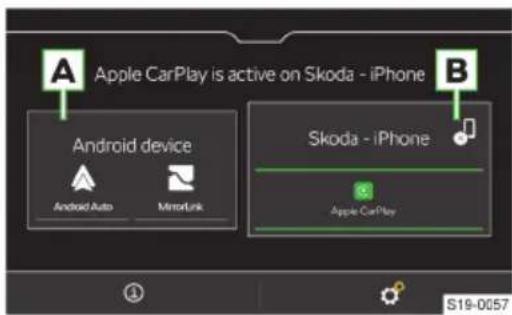 Apple CarPlay is active on Skoda - iPhone Android device Android Auto MitarLink Skoda - iPhone Apple CarPlay S19-0057