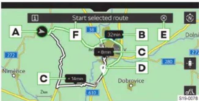Start selected route A F 38 32min B E Dolni 272 Nimérice C + 14mn 2km 610 Dobrovice 280 S19-0078