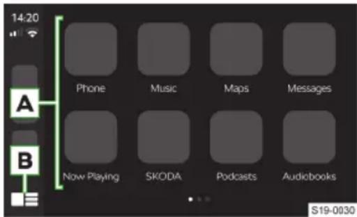 14:20 A B Phone Music Maps Messages Now Playing SKODA Podcasts Audiobooks S19-0030