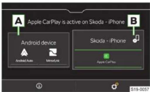 Apple CarPlay is active on Skoda - iPhone Android device Android Auto MirrorLink Skoda - iPhone Apple CarPlay S19-0657