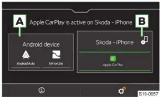 Apple CarPlay is active on Skoda - iPhone Android device Android Auto MirrorLink Skoda - iPhone Apple CarPlay S19-0057