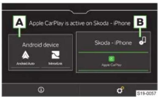 Apple CarPlay is active on Skoda - iPhone Android device Android Auto MirrorLink Skoda - iPhone Apple CarPlay S19-0057