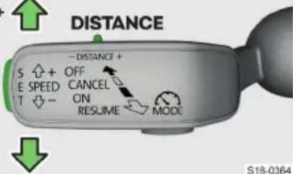 DISTANCE - DISTANCE + S ↑ + OFF E SPEED CANCEL T ↓ - ON RESUME MODE S18-0364