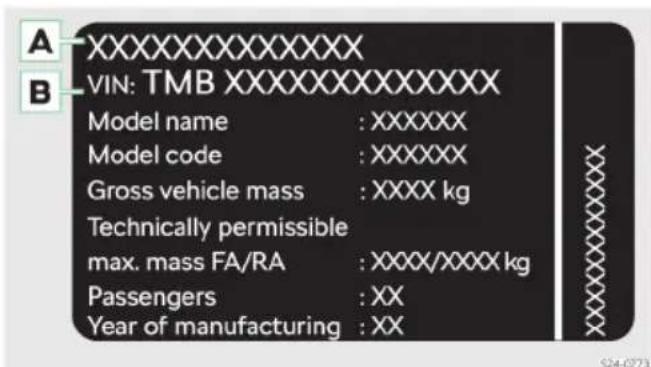 A B XXXXXXXXXXXX VIN: TMB XXXXXXXXXXXXXXX Model name : XXXXXX Model code : XXXXXX Gross vehicle mass : XXXX kg Technically permissible max. mass FA/RA : XXXX/XXXX kg Passengers : XX Year of manufacturing : XX