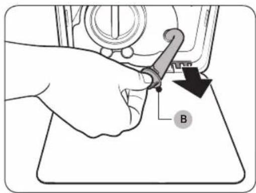 Diagram showing a hand holding a tool with a labeled component 'B' and an arrow indicating direction or movement.