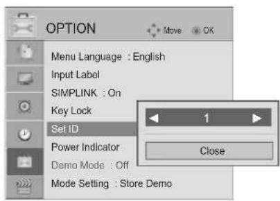 OPTION Menu Language : English Input Label SIMPLINK : On Key Lock Set ID Power Indicator Demo Mode : Off Mode Setting : Store Demo 1 Close
