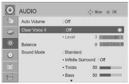 AUDIO Auto Volume : Off Clear Voice II : Off Level 3 Balance 0 Sound Mode : Standard Infinite Surround : Off Treble 50 Bass 50