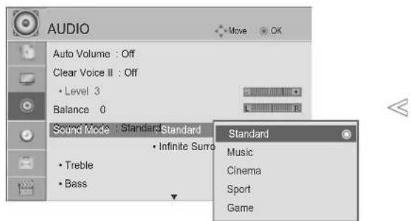 AUDIO Auto Volume : Off Clear Voice II : Off • Level 3 Balance 0 Sound Mode : Standard Standard • Infinite Surr • Treble • Bass Standard Music Cinema Sport Game