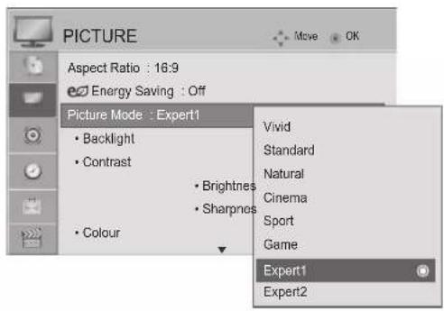 PICTURE Aspect Ratio : 16:9 Energy Saving : Off Picture Mode : Expert1 • Backlight • Contrast • Colour • Brightness • Sharpness Vivid Standard Natural Cinema Sport Game Expert1 Expert2