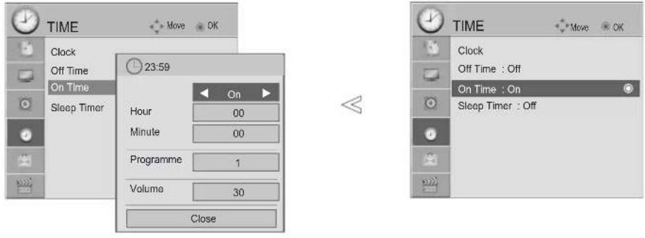 TIME Clock Off Time On Time Sleep Timer 23:59 On Hour 00 Minute 00 Programme 1 Volume 30 Close TIME Clock Off Time : Off On Time : On Sleep Timer : Off