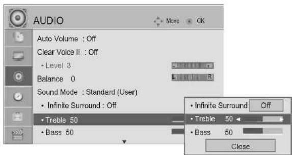 AUDIO Auto Volume : Off Clear Voice II : Off • Level 3 Balance 0 Sound Mode : Standard (User) • Infinite Surround : Off • Treble 50 • Bass 50 • Infinite Surround Off • Treble 50 • Bass 50 Close
