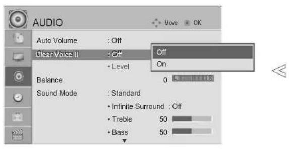 AUDIO Auto Volume : Off Clear Voice II : Off Level Balance 0 Sound Mode : Standard • Infinite Surround : Off • Treble 50 • Bass 50